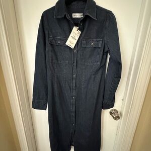 Zara Dark Denim Long Shirt Dress